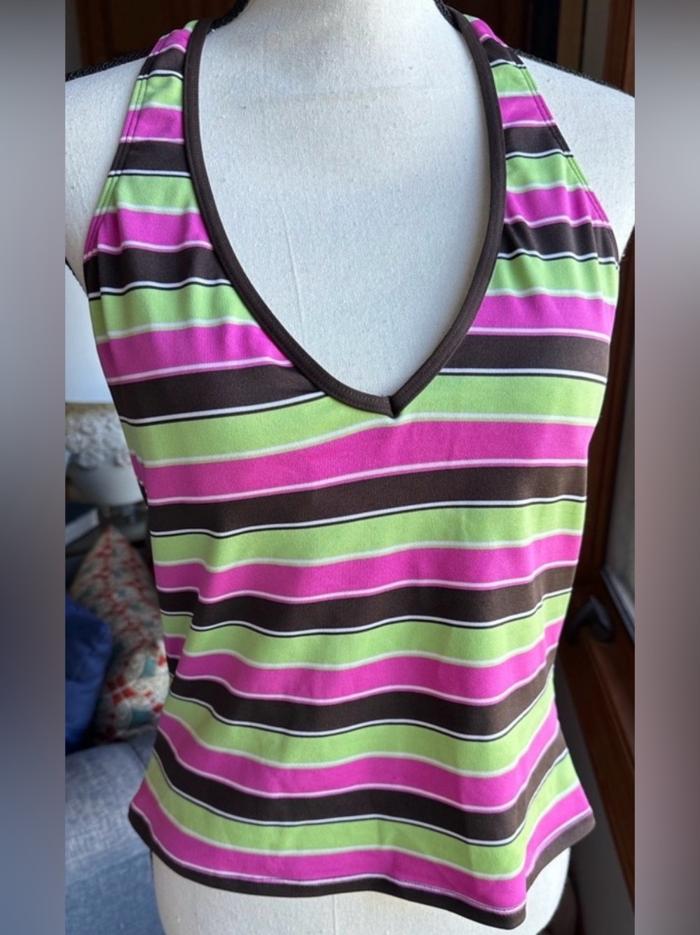 Nautica Striped Tankini Swim Top Multicolor Pink Brown Halter Racerback Size 14